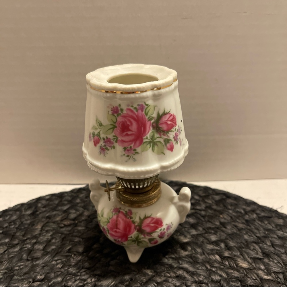 Vintage mini Porcelain Pink Rose Miniature Table Lamp - Floral Accent